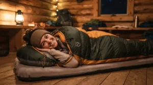 Relaxed camper using a mummy sleeping bag for side sleepers featuring extra interior space