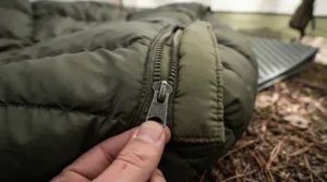 Detail of the insulated zipper draft tube on a mummy sleeping bag for side sleepers