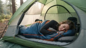 A camper resting comfortably on their side inside a mummy sleeping bag for side sleepers in a tent