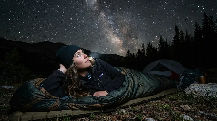 Camper looking out from a mummy sleeping bag for side sleepers during a night under the stars