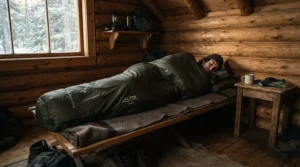 Tall backpacker resting sideways in a roomy mummy sleeping bag for side sleepers