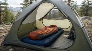 A thick rectangular sleeping bag for car camping spread out neatly over a raised air mattress in a spacious tent