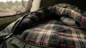 Close-up of the soft flannel lining inside a rectangular sleeping bag for car camping during a chilly autumn morning