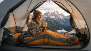 A camper sitting upright in their zipped rectangular sleeping bag for car camping while holding a warm mug of coffee
