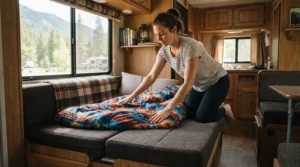 Laying out a rectangular sleeping bag for car camping on a fold-down dinette bed inside a modern motorhome