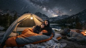 Two campers relaxing comfortably zipped together in a double rectangular sleeping bag for car camping under the stars