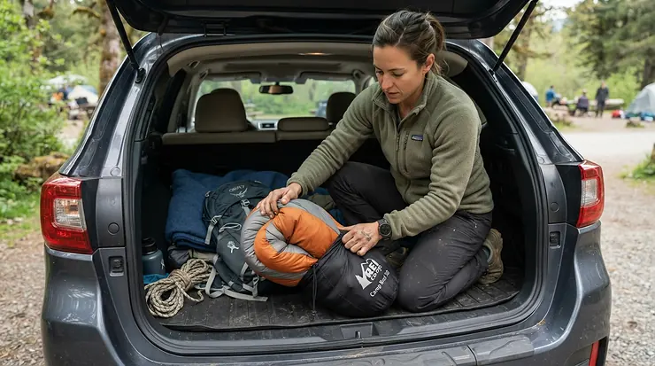 Packing a rectangular sleeping bag for car camping into a compact duffel bag in the back of an SUV trunk