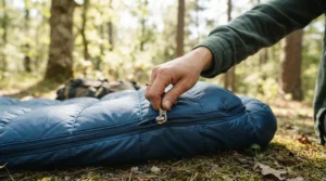 Demonstrating the heavy-duty snag-free zippers on a rectangular sleeping bag for car camping in a scenic meadow