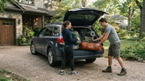 Parents packing the car trunk with a rectangular sleeping bag for family camping and outdoor supplies