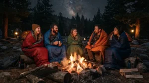 Family relaxing at night using a rectangular sleeping bag for family camping under the stars