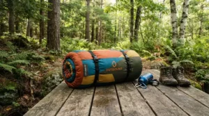 Kid-friendly gear including a colorful rectangular sleeping bag for family camping rolled up on a deck