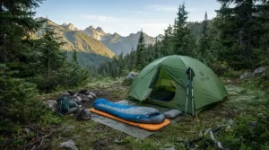 Bright morning sunlight shining on a rectangular sleeping bag for family camping at a scenic campsite