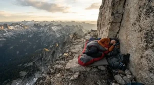 An ultralight mummy sleeping bag used for an emergency bivvy on an alpine ridge