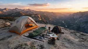 An ultralight mummy sleeping bag packed next to a backpack in the Rocky Mountains