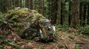 An ultralight mummy sleeping bag strapped to the bottom of a minimalist backpack