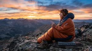 A backpacker relaxing in an ultralight mummy sleeping bag during a Pacific Crest Trail sunset