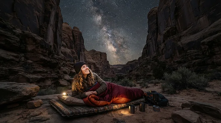 A camper resting in an ultralight mummy sleeping bag while stargazing in a red rock canyon