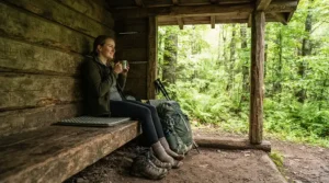 An ultralight mummy sleeping bag laid out in a shelter along the Appalachian Trail during a thru-hike