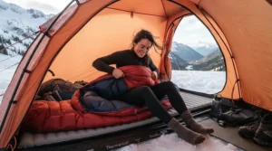 Demonstrating layering for sleep inside the warmest winter sleeping bag for car camping on a cold night