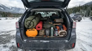 Packing gear and the warmest winter sleeping bag for car camping into the trunk of an SUV for a weekend trip