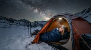 Stargazing from the comfort of the warmest winter sleeping bag for car camping parked in a remote snow-covered valley