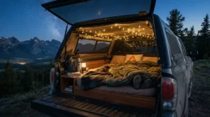 A truck bed outfitted with the warmest winter sleeping bag for car camping under a snowy winter canopy