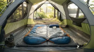 An affordable wide rectangular sleeping bag for big and tall campers laid out inside a spacious tent.