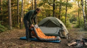 A beginner camper setting up a wide rectangular sleeping bag for big and tall users at a scenic campsite.