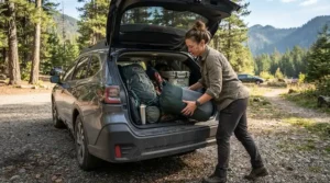 Packing a wide rectangular sleeping bag for big and tall outdoor enthusiasts into a trunk for a weekend trip.