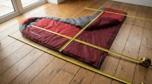Demonstrating the generous dimensions of a wide rectangular sleeping bag for big and tall adults.