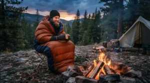 Relaxing by a campfire with a cozy wide rectangular sleeping bag for big and tall campers wrapped around shoulders.