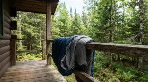 A cost-effective wide rectangular sleeping bag for big and tall campers displayed near a rustic cabin porch.