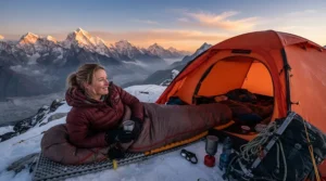 A lightweight winter sleeping bag for backpacking used on a high-altitude mountaineering ridge at dawn.