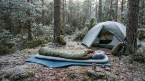A budget-friendly winter sleeping bag for backpacking resting on a backpacker's sleeping pad in a pine forest.