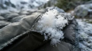 A close-up view showing the plush loft of a winter sleeping bag for backpacking filled with natural goose down.