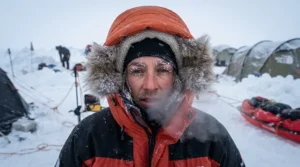 A hiker with the hood of their winter sleeping bag for backpacking fully cinched around their face on a frosty morning.