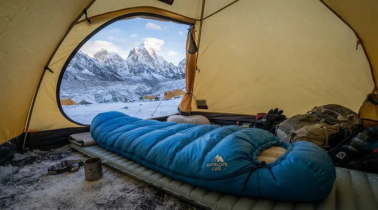 A winter sleeping bag for backpacking laid out inside a tent pitched in deep snow during a cold mountain trip.