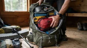 A packed winter sleeping bag for backpacking compressed tightly inside the bottom of a heavy-duty hiking pack.