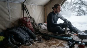 A synthetic insulation winter sleeping bag for backpacking staying warm during a damp, snowy overnight trip.