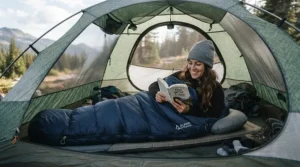 Relaxing inside a winter sleeping bag for women at a remote winter basecamp after a long hike.
