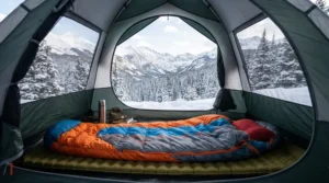 A colorful winter sleeping bag for women laid out inside a winterized tent in a pine forest.