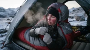 Demonstration of the hood cinch feature on a winter sleeping bag for women during a freezing backpacking trip.