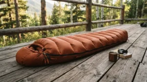Reviewing the pack size and loft of a premium winter sleeping bag for women on a wooden deck.