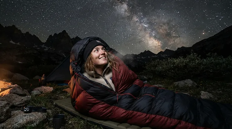 A cozy winter sleeping bag for women used while stargazing at a wilderness campsite at night.